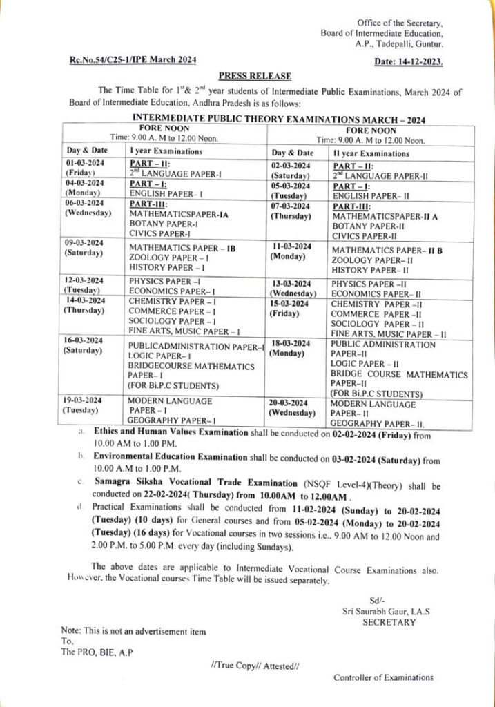 AP INTERMEDIATE MARCH 2024 EXAMS TIMETABLE